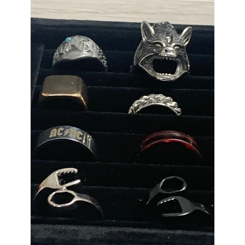 Lot of 20 Mens Rings with Tray Wolf AC/DC Wrench Band Gold Silver Black Tones